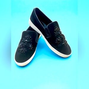 Michael Kors Sneakers Shoes 9.5 M Black Suede Leather Slip On Gem Embellishment